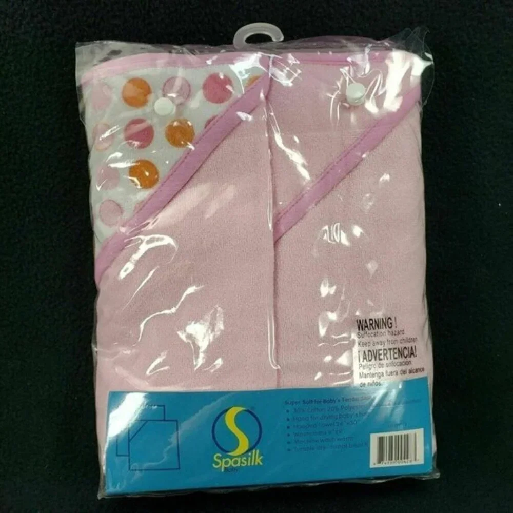 Spasilk Pink 2 Hooded Towels and‎ 2 Washcloths Set Fish Polka Dots New